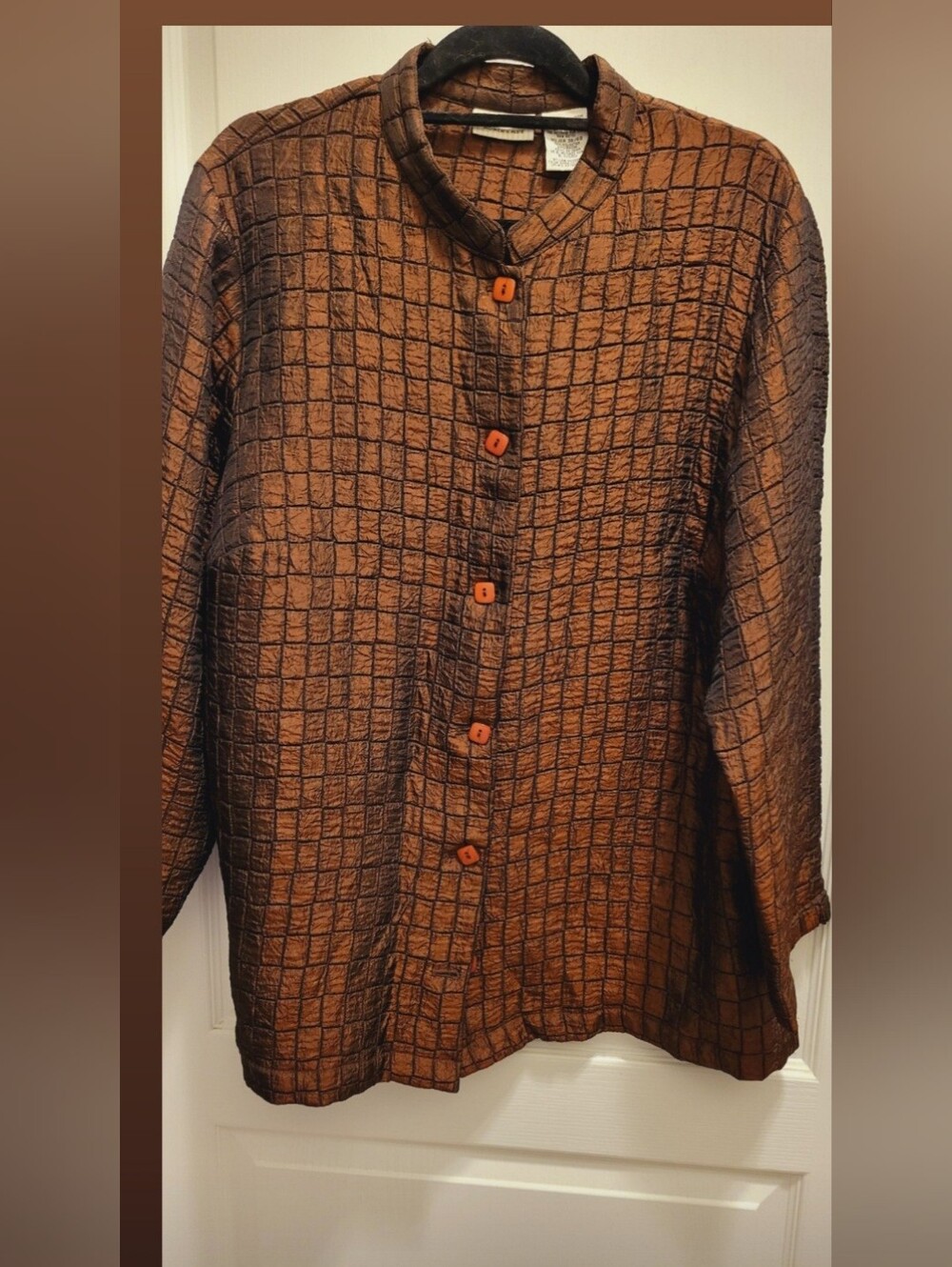 Vintage White Stag Plus Size 18W 20W Crinkle Grid Nehru Jacket Warm Chocolate